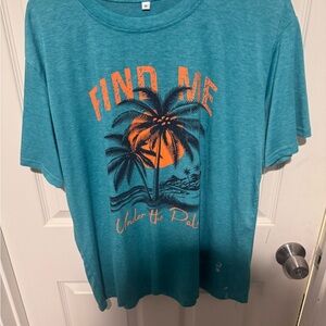 Teal Graphic T-Shirt with Palm Tree Design